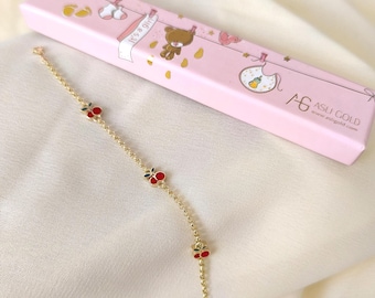 14K Gold Baby Bracelet: Cherry Charm Bangle, Newborn Gift