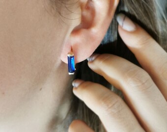 14K Gold Dainty Baguette Earring with Dark Blue Stone