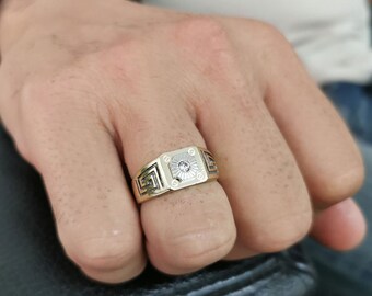 Handmade 14K Gold Signet Ring for Men: Classic CZ Stone