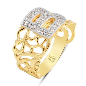 14K Gold Letter Ring: Initial B Diamond Ring, Personalized Jewelry