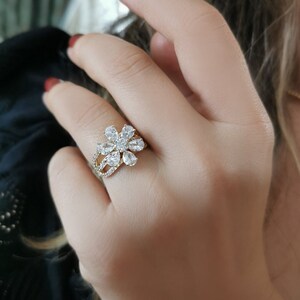 14K Gold Flower Ring: Pear Cubic Zircon Birthstone Jewelry