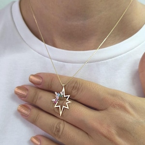 14K Gold Northern Star Necklace: Colorful Gemstone Pendant, 18 inch