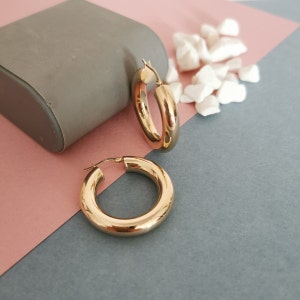 14K Gold Hoop Earrings: 30mm Tube Earrings, Handmade Polish