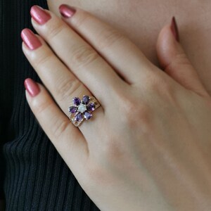 14K Gold Amethyst Flower Ring: Pear Stone, Handmade Polish