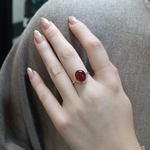 14K Gold Red Agate Ring: Handmade Oval Carnelian Ring, Size 8