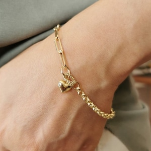 Chain Link Bracelet* 14K Gold Bracelet Women Birthday Gifts* Heart Charm Bracelet For Girl Everyday Jewelry* Charm Bracelet Christmas Gifts