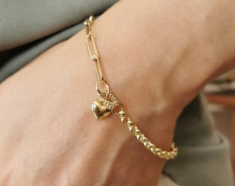 Chain Link Bracelet* 14K Gold Bracelet Women Birthday Gifts* Heart Charm Bracelet For Girl Everyday Jewelry* Charm Bracelet Christmas Gifts