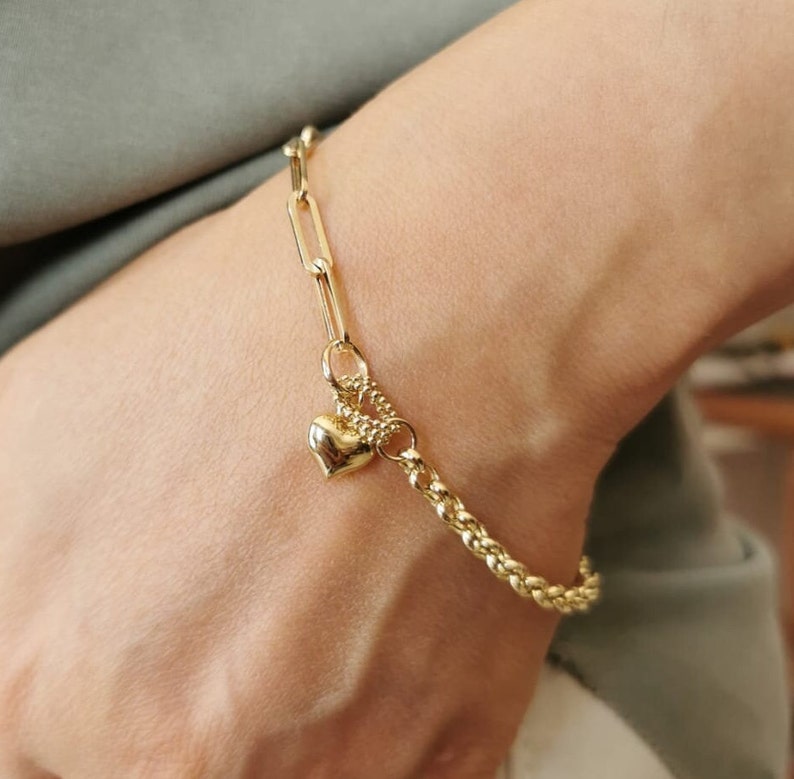 Kedjelänkarmband* 14K guldarmband för kvinnor Födelsedagspresenter* Hjärtberlockarmband för tjejer Vardagssmycken* Berlockarmband Julklappar bild 1