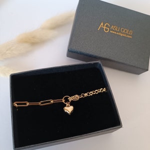 Kedjelänkarmband* 14K guldarmband för kvinnor Födelsedagspresenter* Hjärtberlockarmband för tjejer Vardagssmycken* Berlockarmband Julklappar bild 6