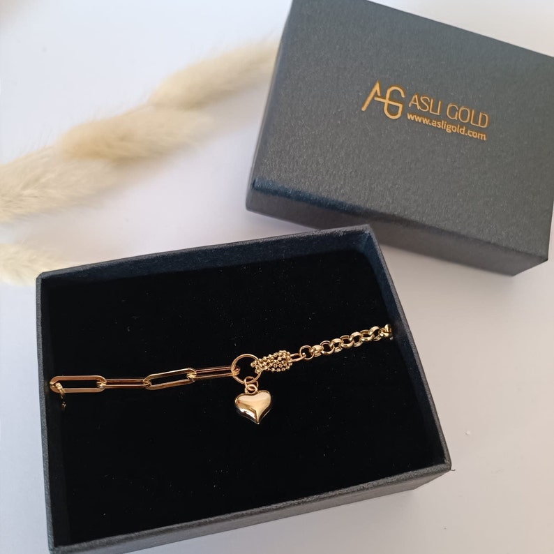Kedjelänkarmband* 14K guldarmband för kvinnor Födelsedagspresenter* Hjärtberlockarmband för tjejer Vardagssmycken* Berlockarmband Julklappar bild 6