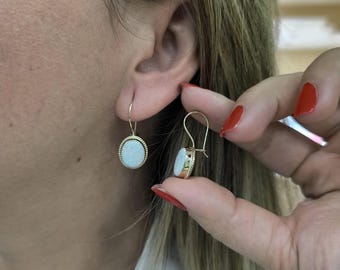 Opaal oorbellen* 14 kt gouden opaal hangoorbellen voor vrouwen verjaardagscadeaus* Witte opaal hangoorbellen voor moeder kerstcadeaus* Echt gouden oorbel