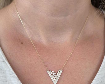 14K Gold V Necklace: Dainty Stone Pendant, Birthday Jewelry