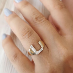 14K Solid Gold Initial Ring - Dainty Letter Ring for Women