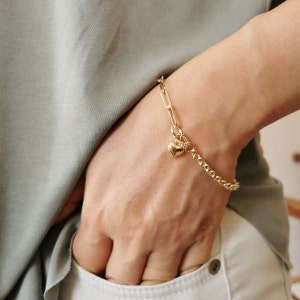 Kedjelänkarmband* 14K guldarmband för kvinnor Födelsedagspresenter* Hjärtberlockarmband för tjejer Vardagssmycken* Berlockarmband Julklappar bild 2