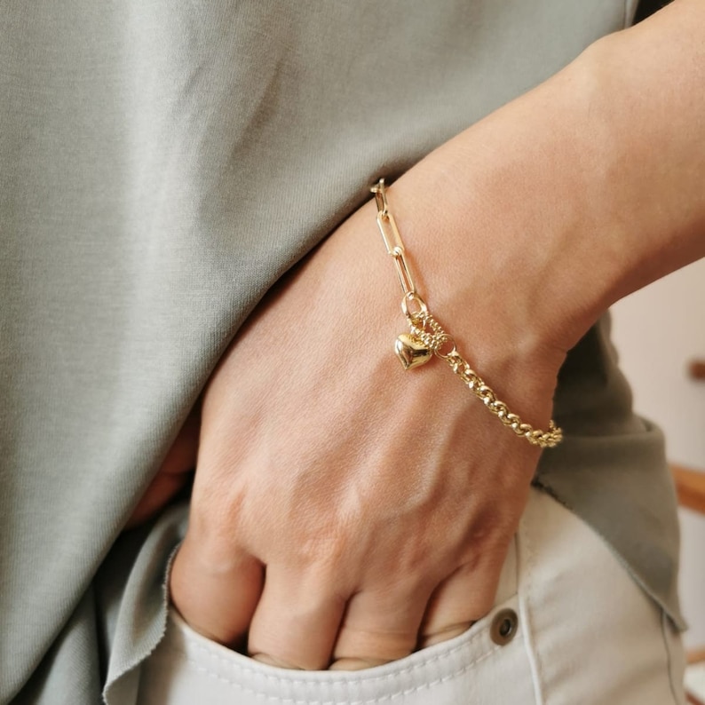 Kedjelänkarmband* 14K guldarmband för kvinnor Födelsedagspresenter* Hjärtberlockarmband för tjejer Vardagssmycken* Berlockarmband Julklappar bild 2
