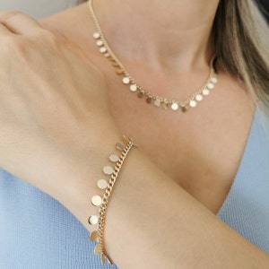 14K Gold Disc Charm Necklace - Dangle Mirror Chain, Handmade