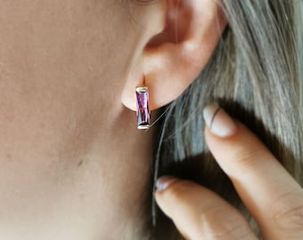 14K Gold Ametist Stone Earrings Baugette Earrings For Girl Birthday Gifts For Women Baguette Earrings Everyday Jewelry Valentines Day
