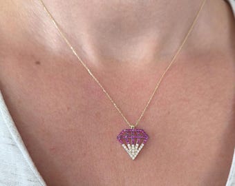 14K Solid Gold Diamond Necklace: Stone Pendant, Birthday Jewelry