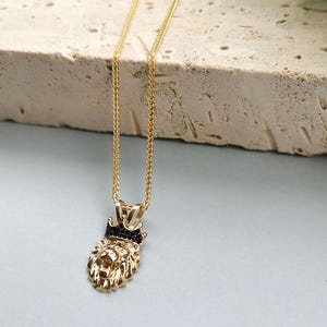 14K Solid Gold Lion Pendant Necklace - Black Stone Crown