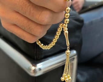 14K Solid Gold Rosary Dainty For Man Gold Rosary Ball Bracelet Birthday Gifts, Shiny Ball Rosary With 33 Ball