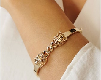 Panther Head Bracelet* 14K Solid Gold Panther Bangle For Women Mother Day Gifts* Stylish Panther Bracelet For Women Birthday Jewelry