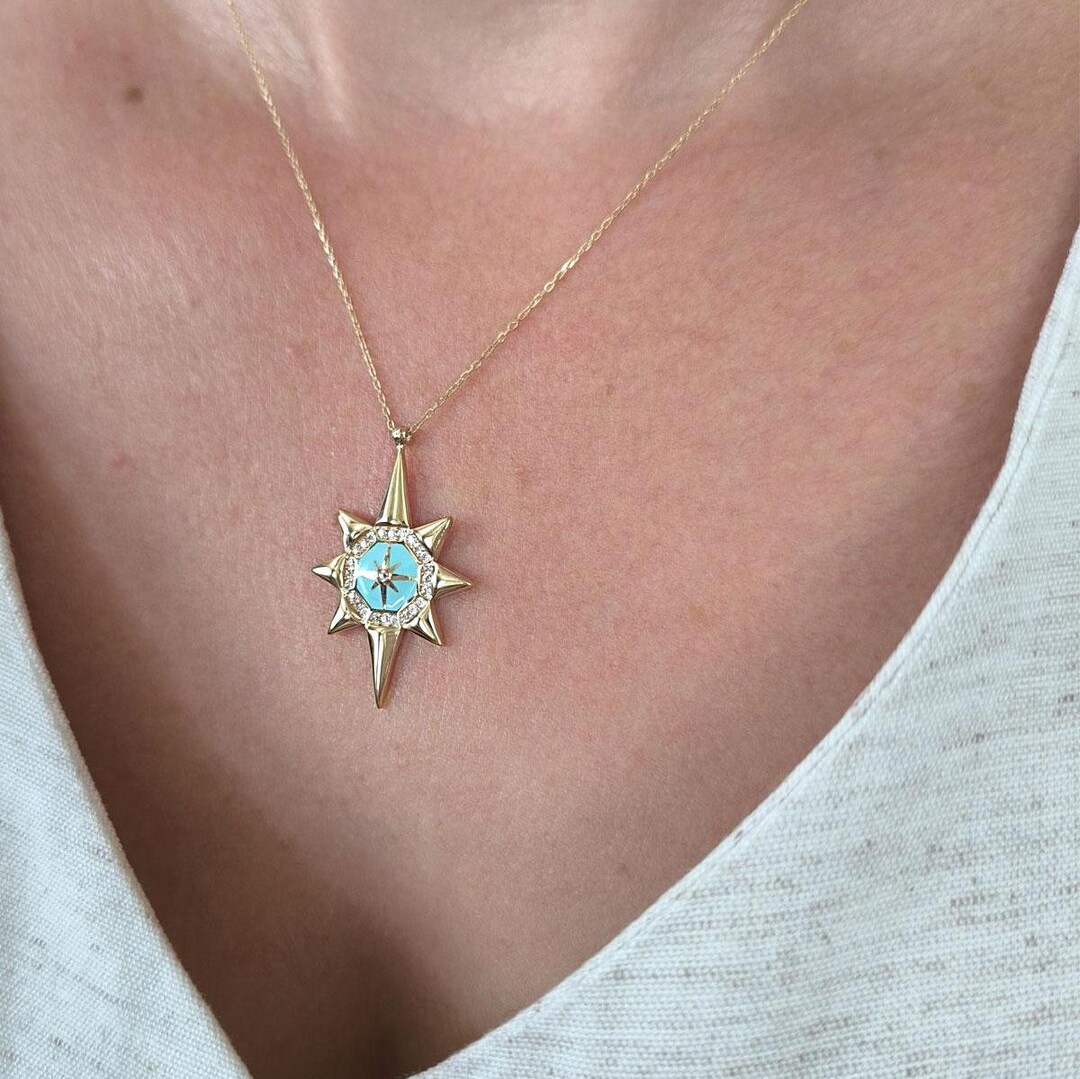 14 Karat Gold Plated Synthetic Opal and CZ Northern Star Pendant