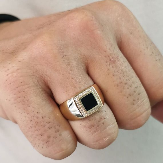 14Kゴールドオニキスシグネットリング（メンズ）：スクエア