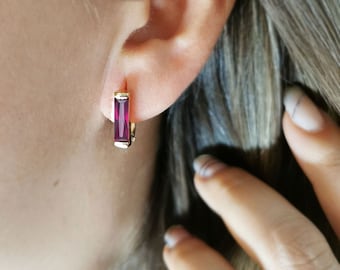 14K Gold Minimalist Baguette Red Stone Earrings: Birthstone Jewelry