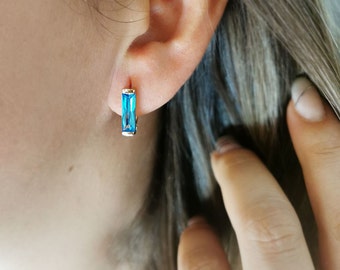 14K Solid Gold Aqua Stone Earrings Aqua Baugette Earrings Birthday Gifts Aqua Earrings For Women Gifts Valentines Day Gift