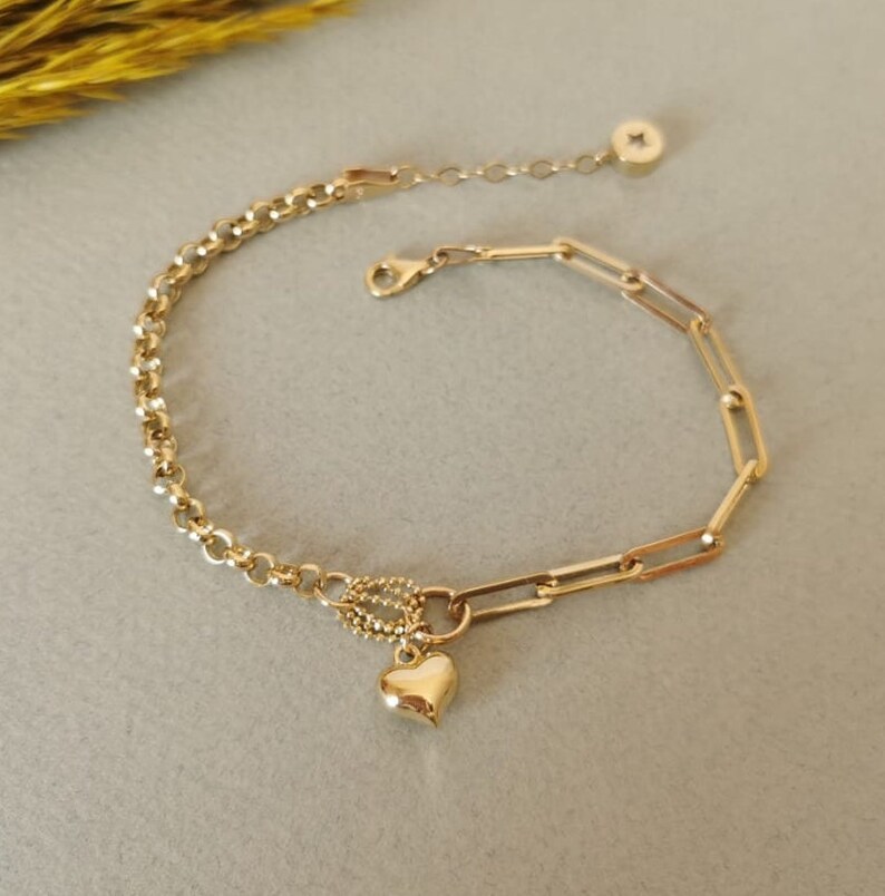 Kedjelänkarmband* 14K guldarmband för kvinnor Födelsedagspresenter* Hjärtberlockarmband för tjejer Vardagssmycken* Berlockarmband Julklappar bild 5