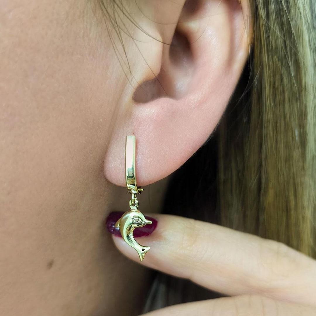 イルカデザインピアス 14K ゴールド ゴールドトーンのイルカ型ダングリングピアス ヴィンテージ