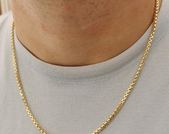 Handmade 14K Gold Round Box Chain Necklace for Men (21.5 inch)
