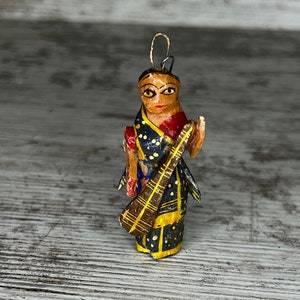 Vintage Papier-Mâché Ornament, Woman Playing Tanpura, Sitar