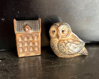 Tiny House & Owl Ceramic Miniature Figurines