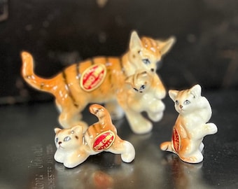 3 Vintage Miniature Cat/Kitten Figurines, Mom Cat, Tiger Stripe