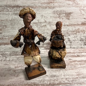Vintage Mexican Paper Mache Folk Art Statues, Man And Woman Figures, Farmers