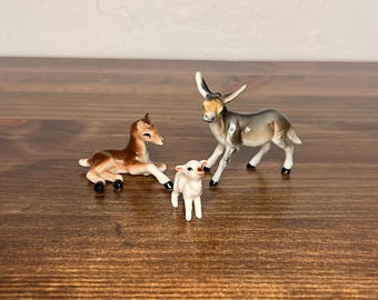 Vintage Ceramic Miniature Farm Animals, Tiny Lamb, Small Pony, Glazed Donkey
