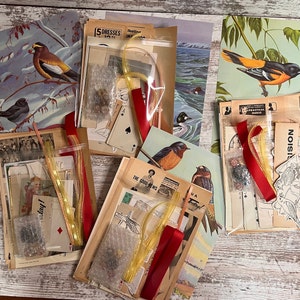 Verschiedenes Vintage Ephemera Packs, Werbung, Magazin-Seiten, Vogel-Drucke, Schleifenband, Junk-Journaling, Scrapbooking, Knöpfe