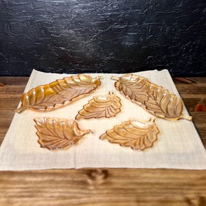 Vintage Jeanette Marigold Carnival Glass Leaf Dish Set, Nesting Dishes, Fall Party Decor, Hors d&#39;oeuvres