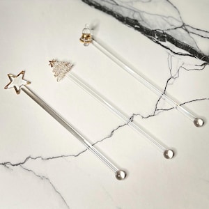 Christmas Swizzle Sticks, Gold, Glass, Christmas Tree, Star, Bell, Winter holiday Party