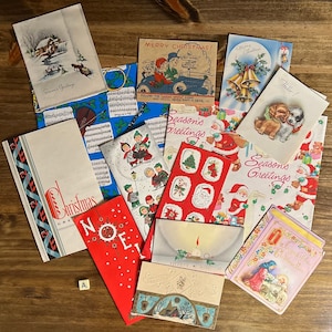 Tarjetas navideñas antiguas, papel de regalo antiguo, Navidad de los años 40, efímeras navideñas