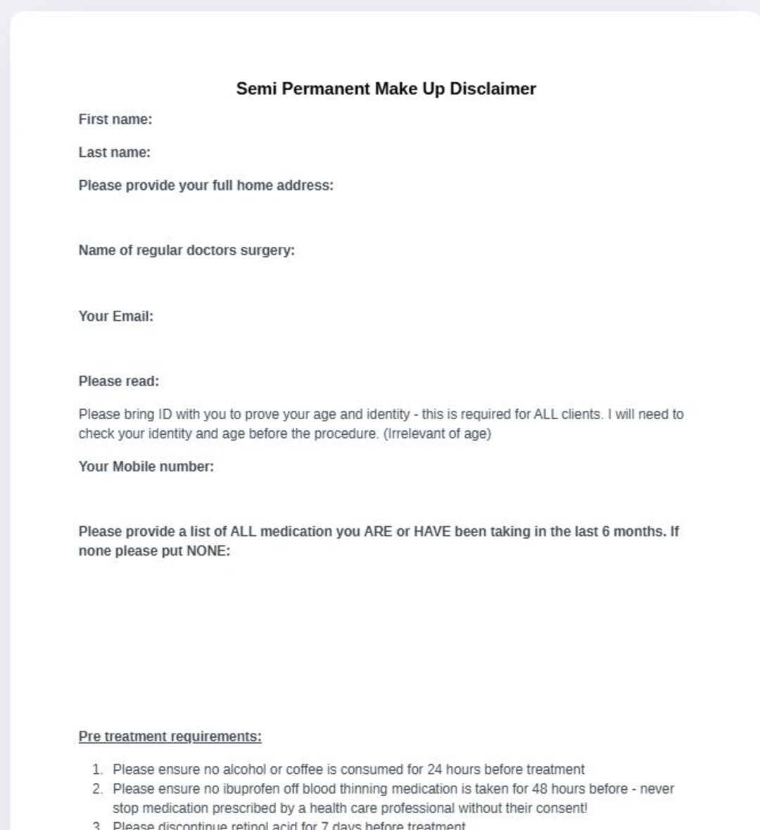 PMU Client Intake & Consent Form and Disclaimer Template | Permanent ...