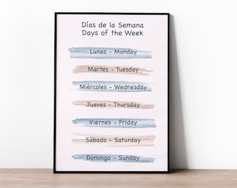 Póster de aprendizaje de los días de la semana / Impresión educativa bilingüe / Decoración para guarderías y aulas / Arte mural colorido para niños en inglés y español
