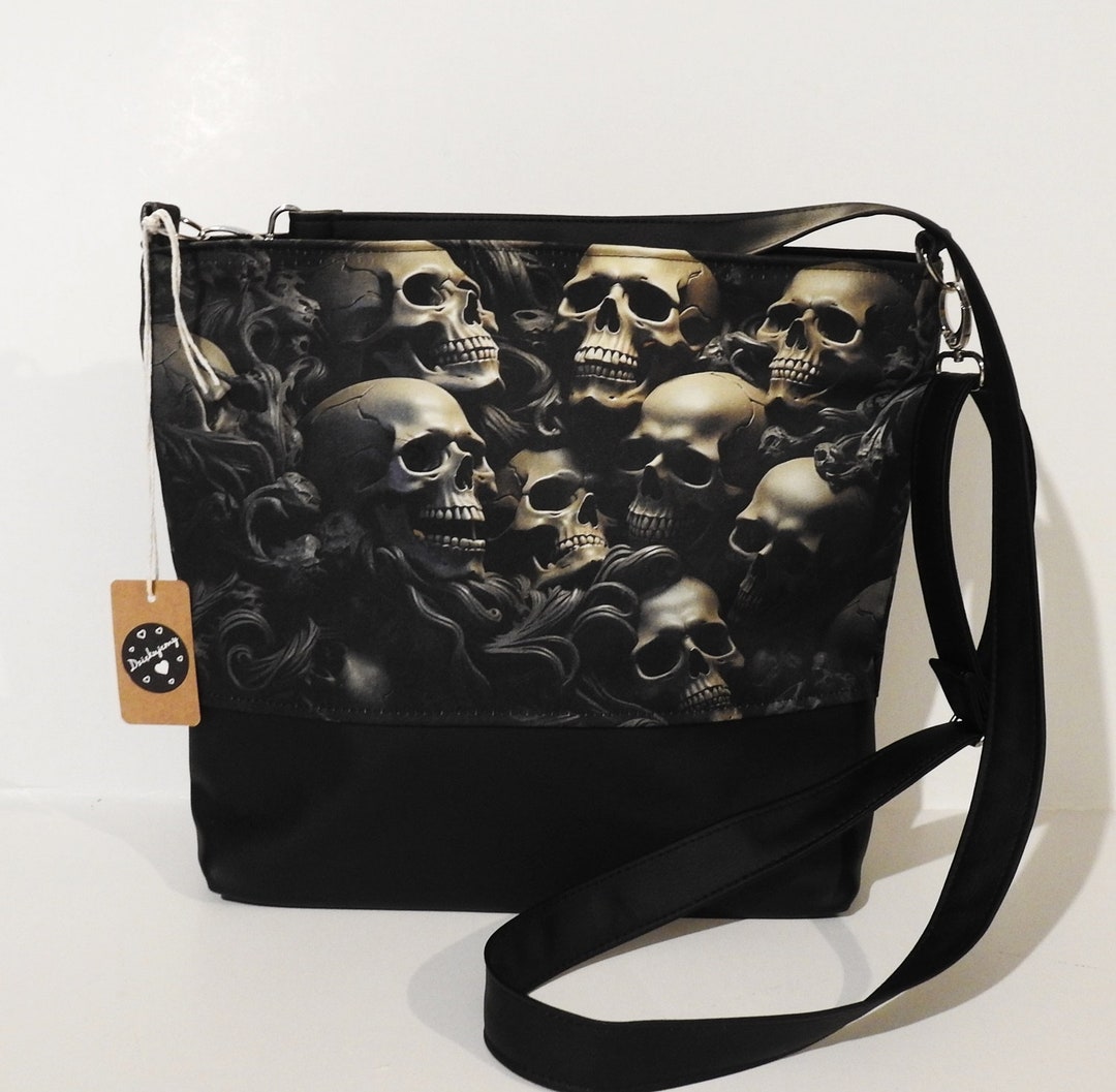 Skull Flower Pattern Handbag, Gothic Boston Shoulder Bag, Halloween Crossbody Bag For Women