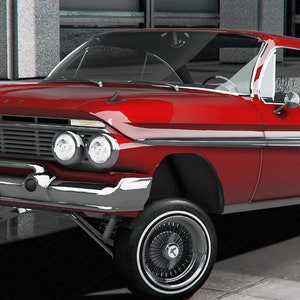 Puede incluir: Un Chevrolet Impala rojo de 1964 con neumáticos de banda blanca y detalles cromados. El coche tiene una franja blanca a lo largo del lateral y un parachoques cromado.