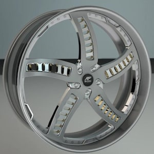 May include: A silver and gold custom car wheel with a five-spoke design and a "AF-AERO" logo in the center.