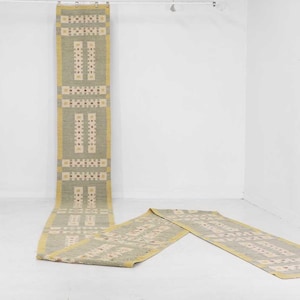 May include: A long, rectangular rug with a repeating geometric pattern in beige, olive green, and yellow. The rug is hanging from a metal bar and also lying on the white floor. The rug's design features rectangular and square shapes.