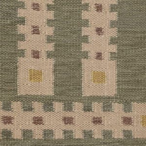 May include: Close-up of a woven textile with a geometric pattern. The design features repeating shapes in off-white, olive green, and yellow. The texture appears to be coarse and durable, suitable for a rug or upholstery.