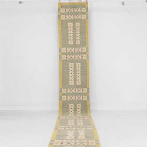 May include: A long, rectangular rug with a repeating geometric pattern. The rug features a light green background with cream and red accents. The edges are bordered with a yellow trim. The rug is hanging vertically.