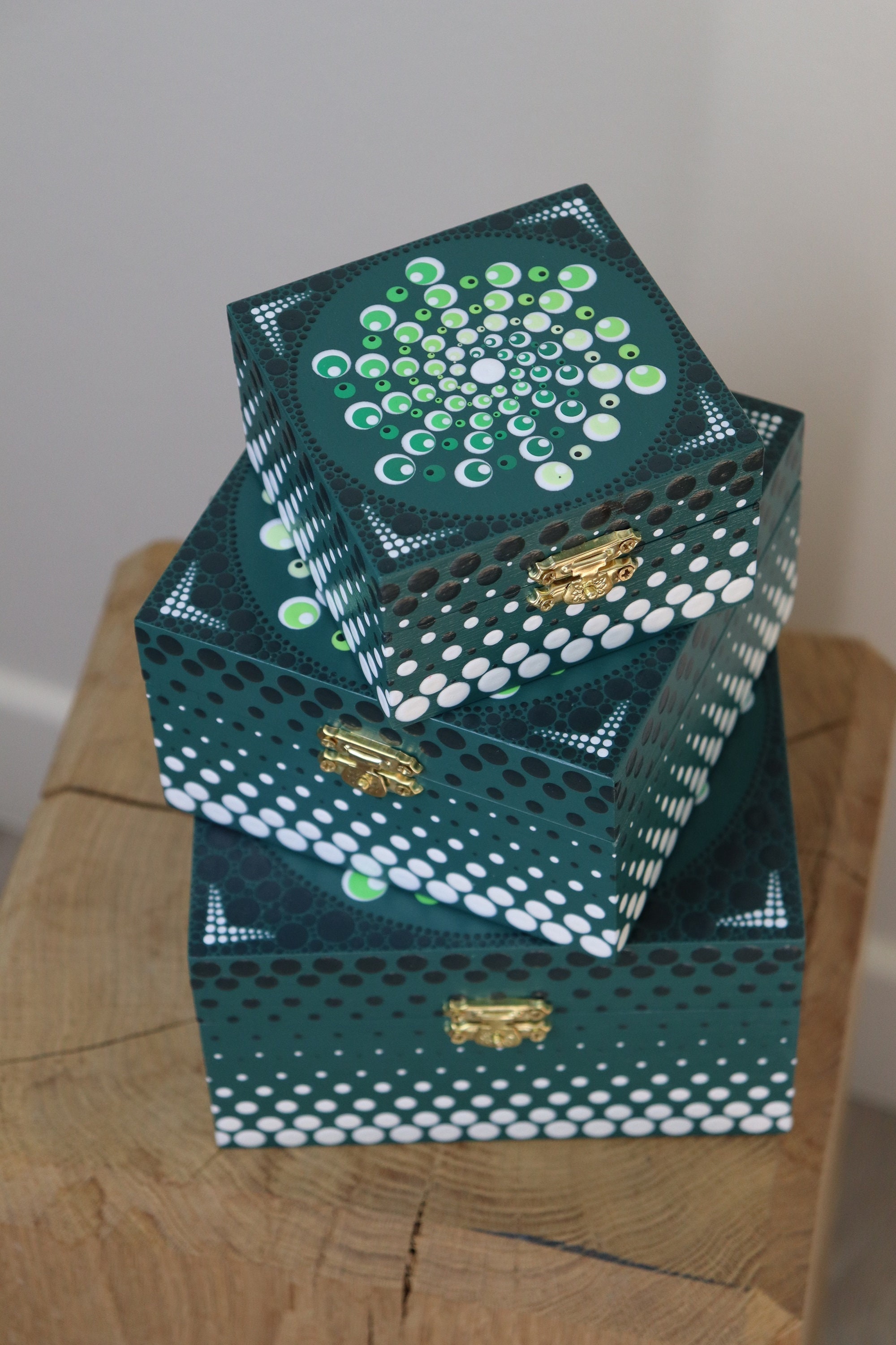 Lot de 3 Boîtes Gigognes Peintes à La Main Dotpainting